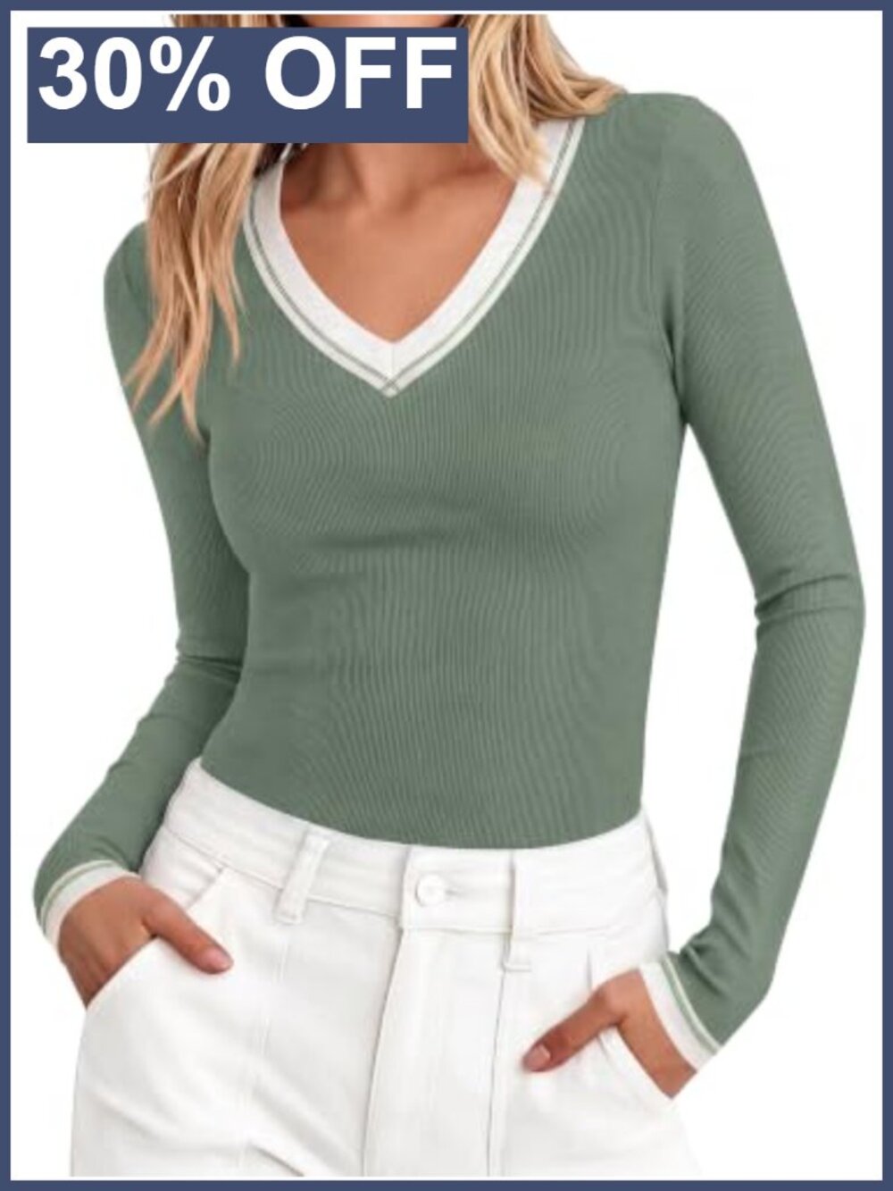 Women's V-Neck Long Sleeve Ribbed Knit Slim Fit Top Casual Blouse